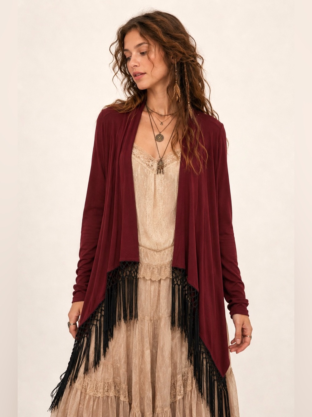 Whimsigoth Burgundy Crochet Fringe Long Cardigan Draped Shawl Witchy Boho